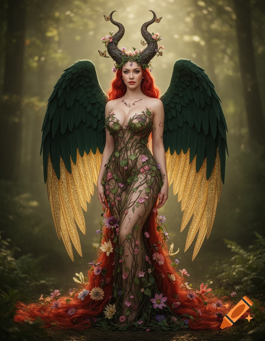 A fantasy depiction of Mother Nature, a woman with fiery red hair, horned crown, green and gold wings, and a vine dress, standing in a forest.