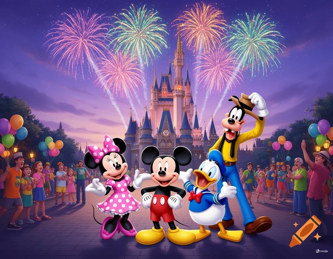 Mickey, Minnie, Donald, and Goofy stand in front of a Disney castle with colorful fireworks and a cheering crowd.