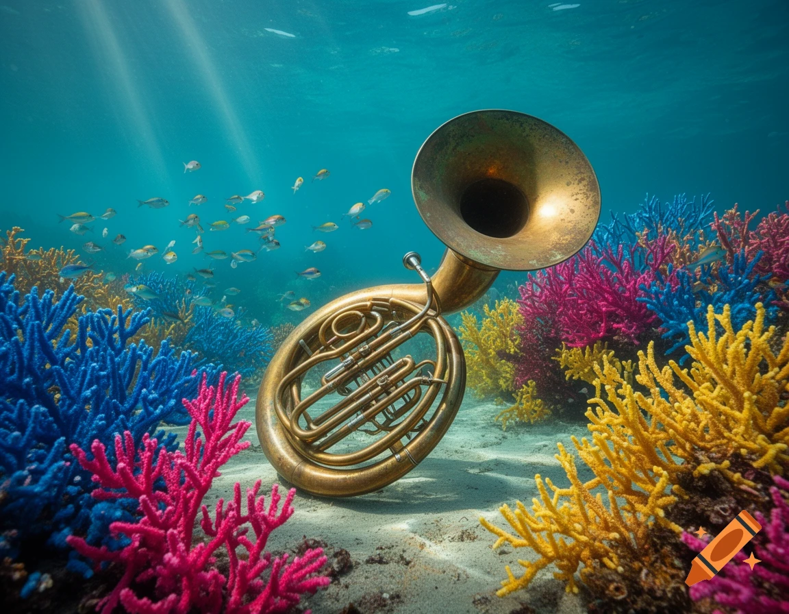 A brass sousaphone rests on the sandy ocean floor, surrounded by vibrant pink, blue, and yellow coral, with schools of fish swimming above in sunlit turquoise water.