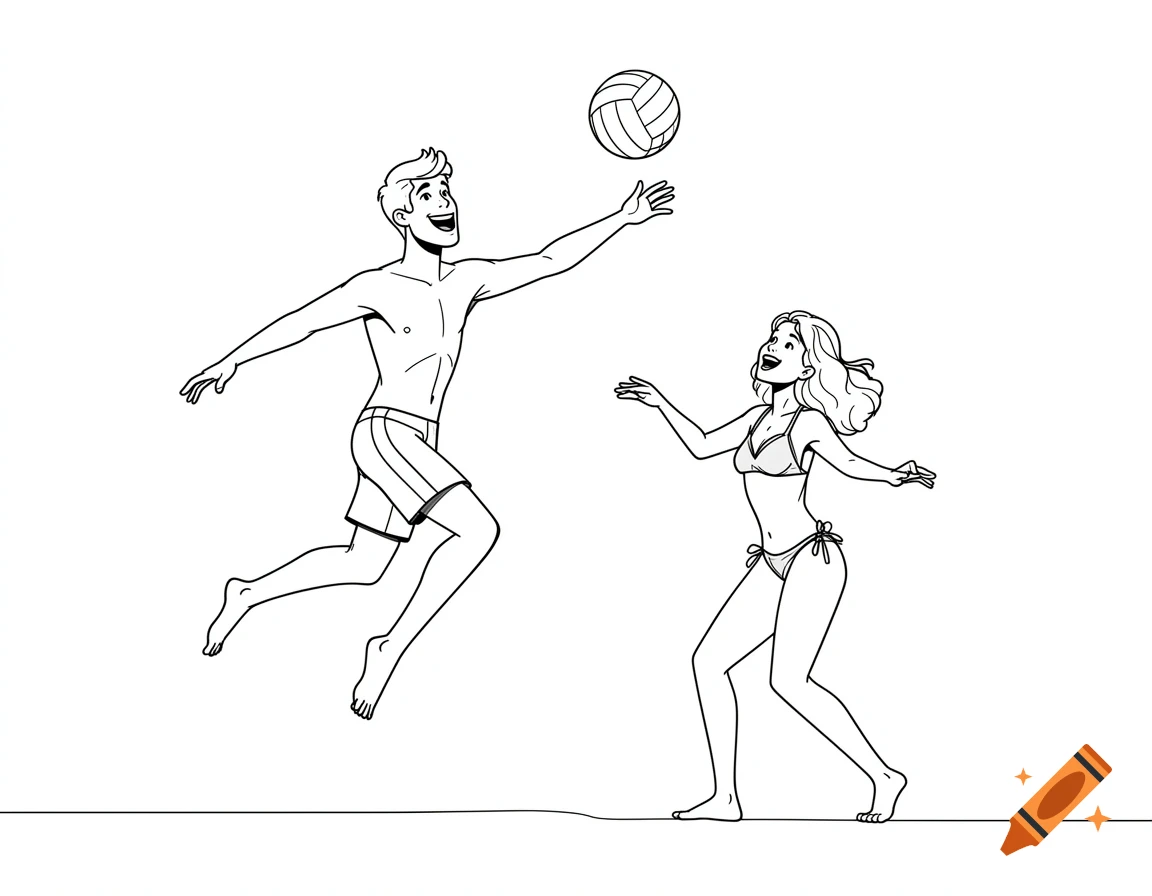 Line art cartoon of a man and woman in bathing suits playing volleyball on a beach.