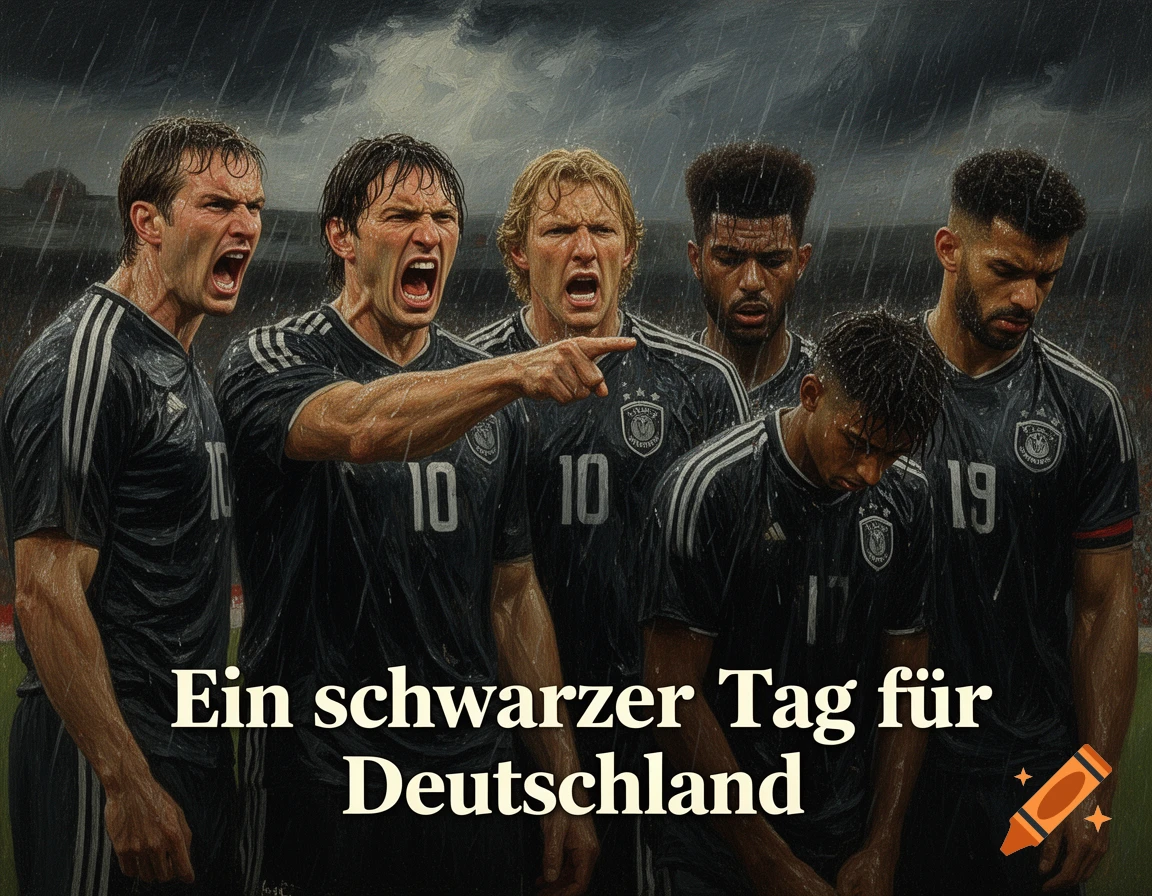 Dramatic oil painting of angry and dejected football players in black jerseys standing in the rain. Text: Ein schwarzer Tag für Deutschland.