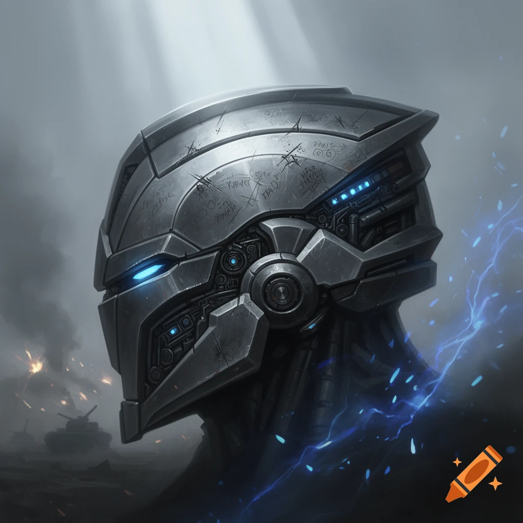 A close-up of a battle-scuffed robot helmet with glowing blue eyes and electrical arcs, set against a smoky war-torn background with tanks.