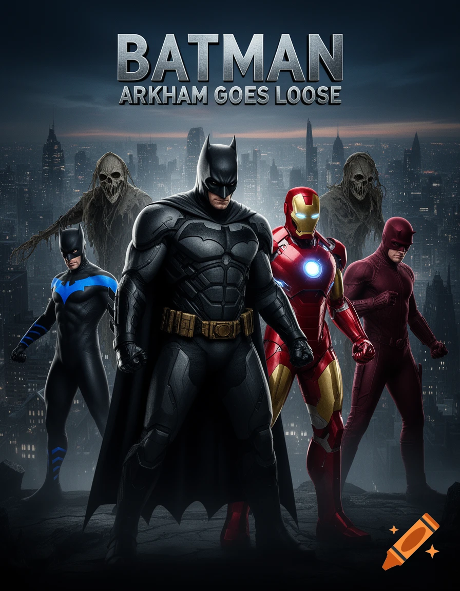 A movie poster featuring Batman, Iron Man, Nightwing, and Daredevil with two Scarecrow figures against a city skyline.