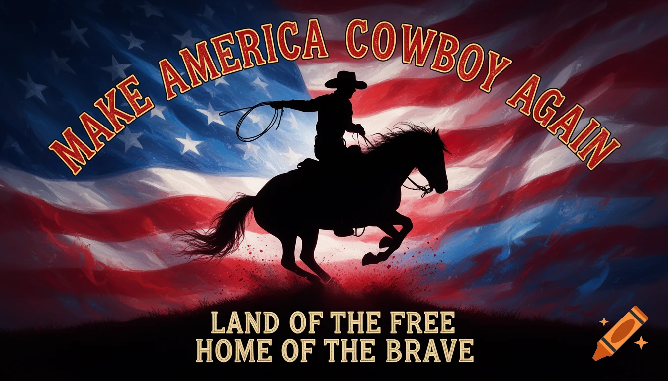 Silhouette of a cowboy on a bucking horse against a wavy American flag background with patriotic text.