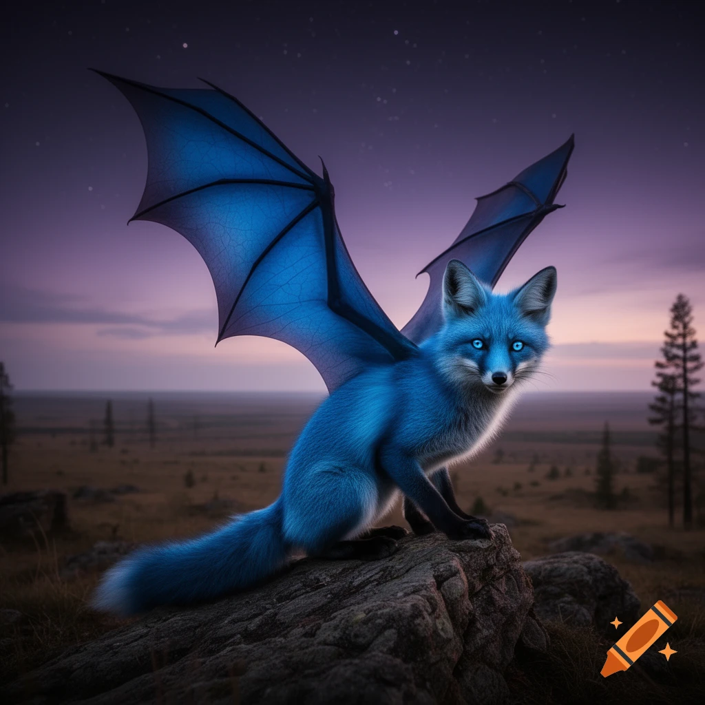 A vibrant blue fox with glowing blue eyes and large blue bat wings sits on a rock in a field at twilight.