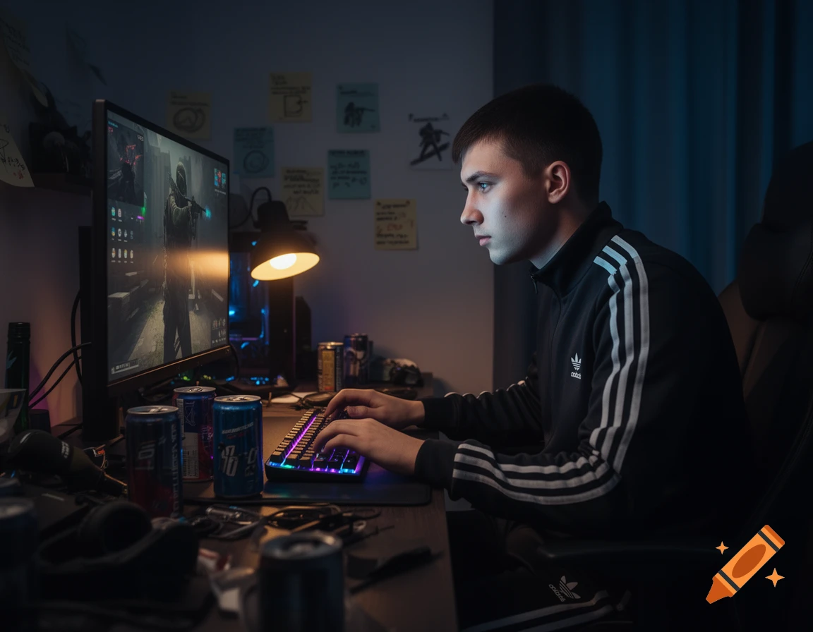 A young man with short hair wearing an Adidas tracksuit jacket intently plays a video game on a desktop computer in a dimly lit room, with several cans on the desk.