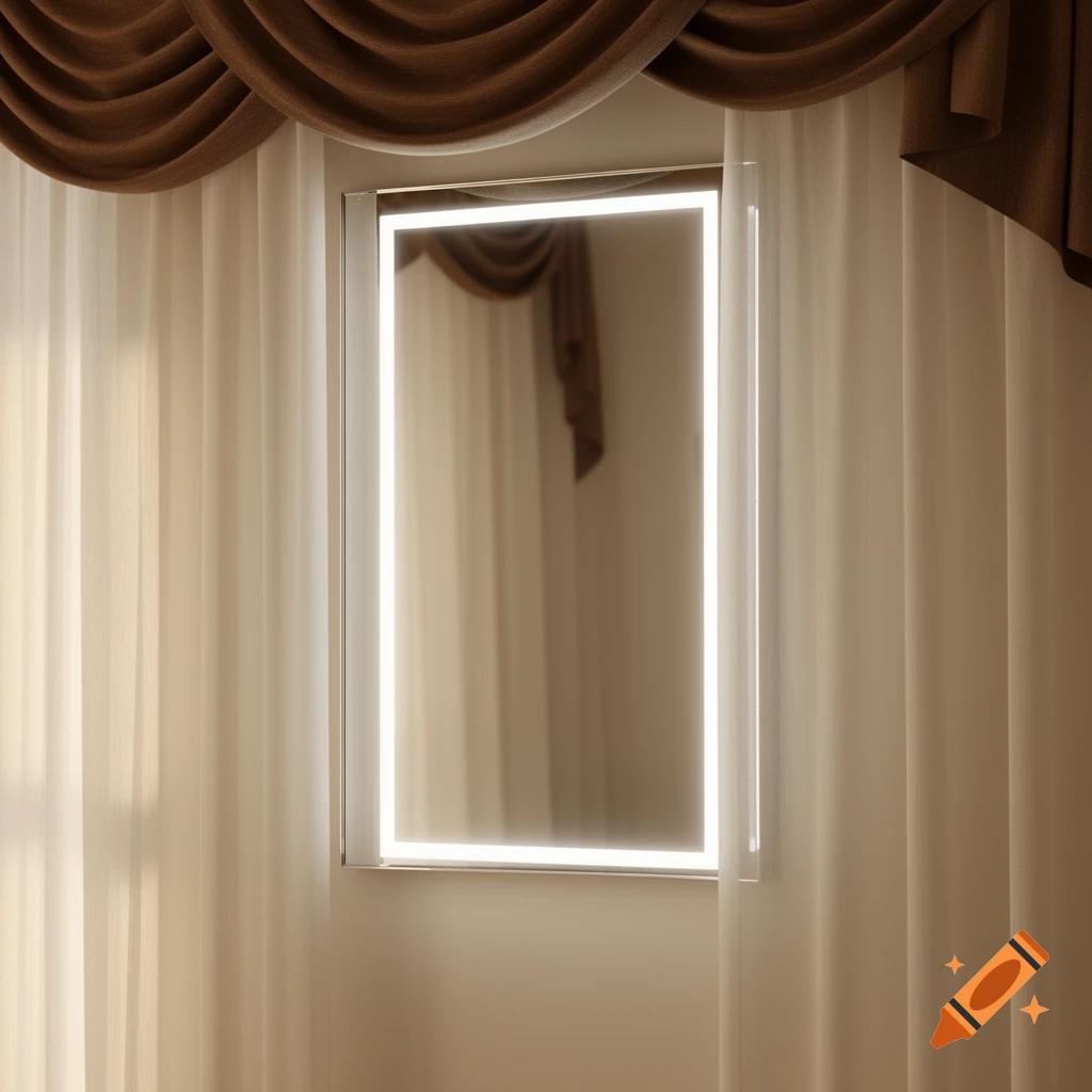 A rectangular mirror with glowing LED backlighting is centered between sheer cream curtains with a draped brown fabric valance at the top, in a photorealistic style.