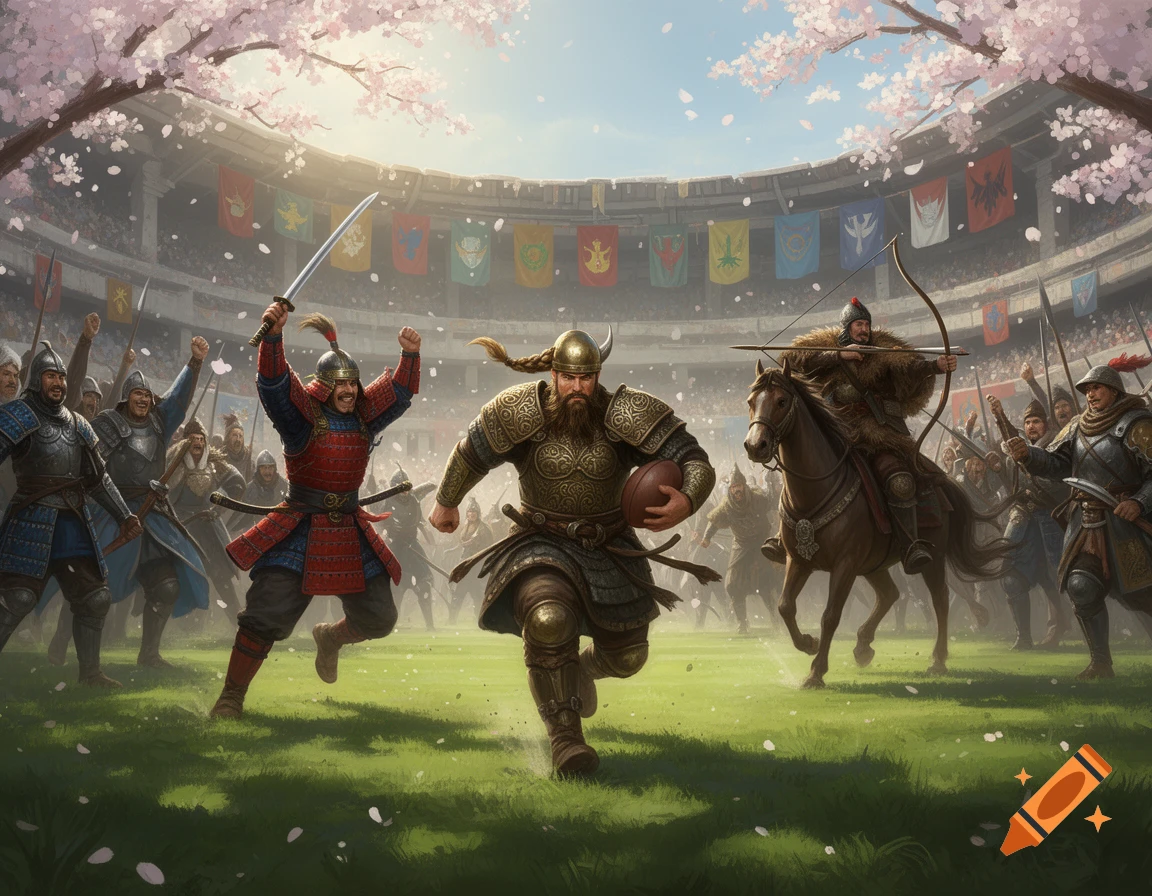Dynamic illustration of diverse feudal warriors playing fantasy football in a grand stadium with cherry blossoms.