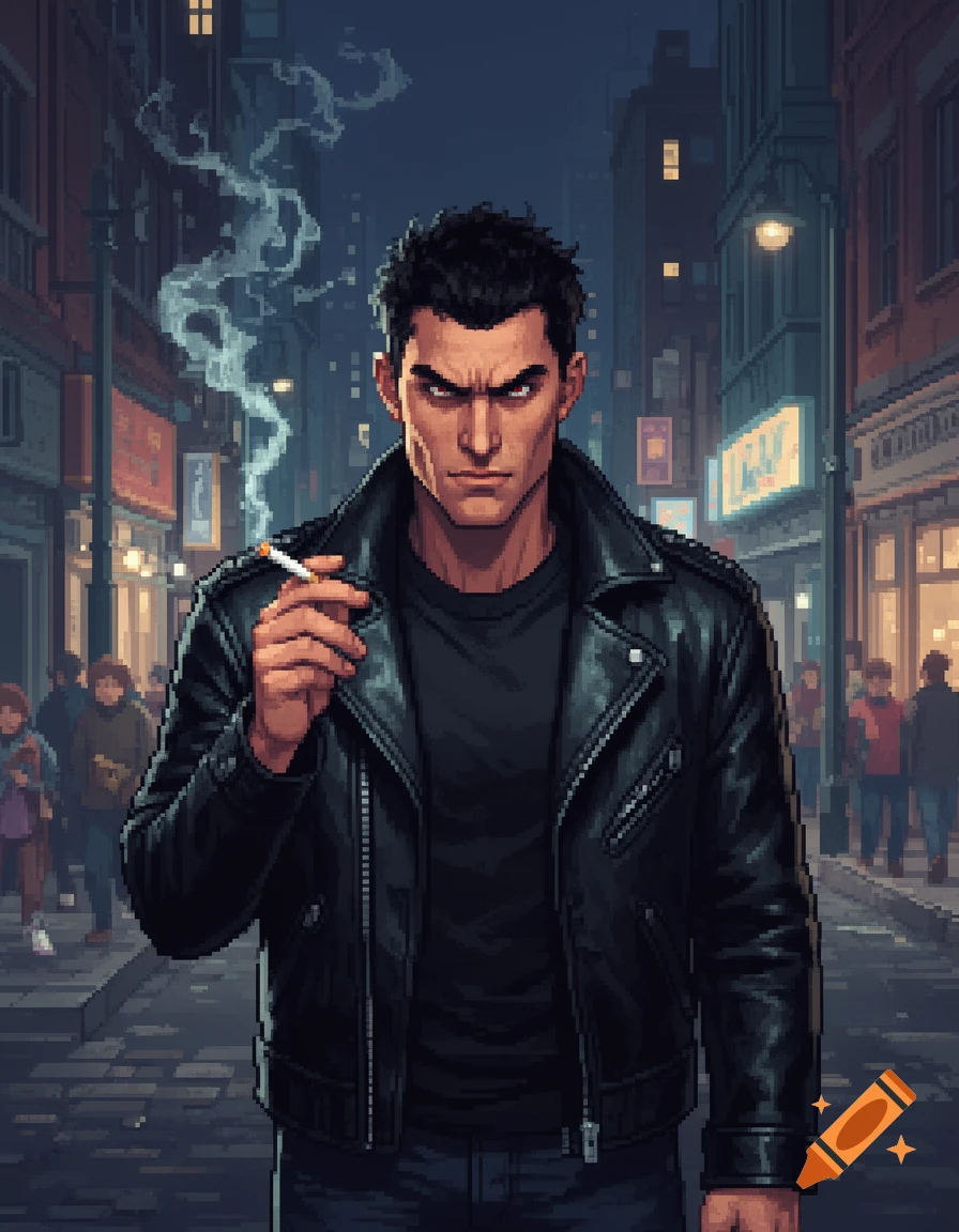 A pixel art image of a stern man in a black leather jacket smoking a cigarette on a busy city street at night.