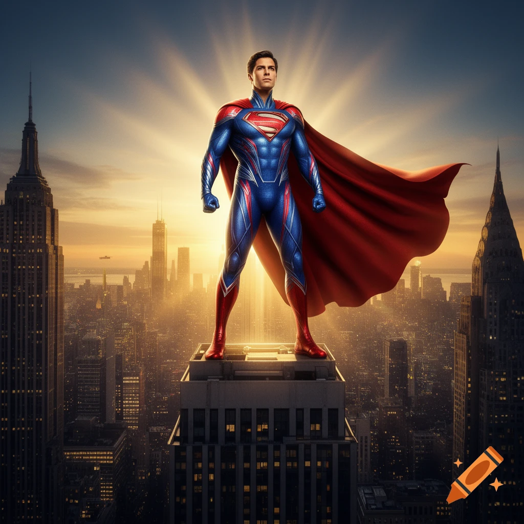 Photorealistic image of Superman in his blue and red suit, cape flowing, standing on a skyscraper overlooking a city at sunset.