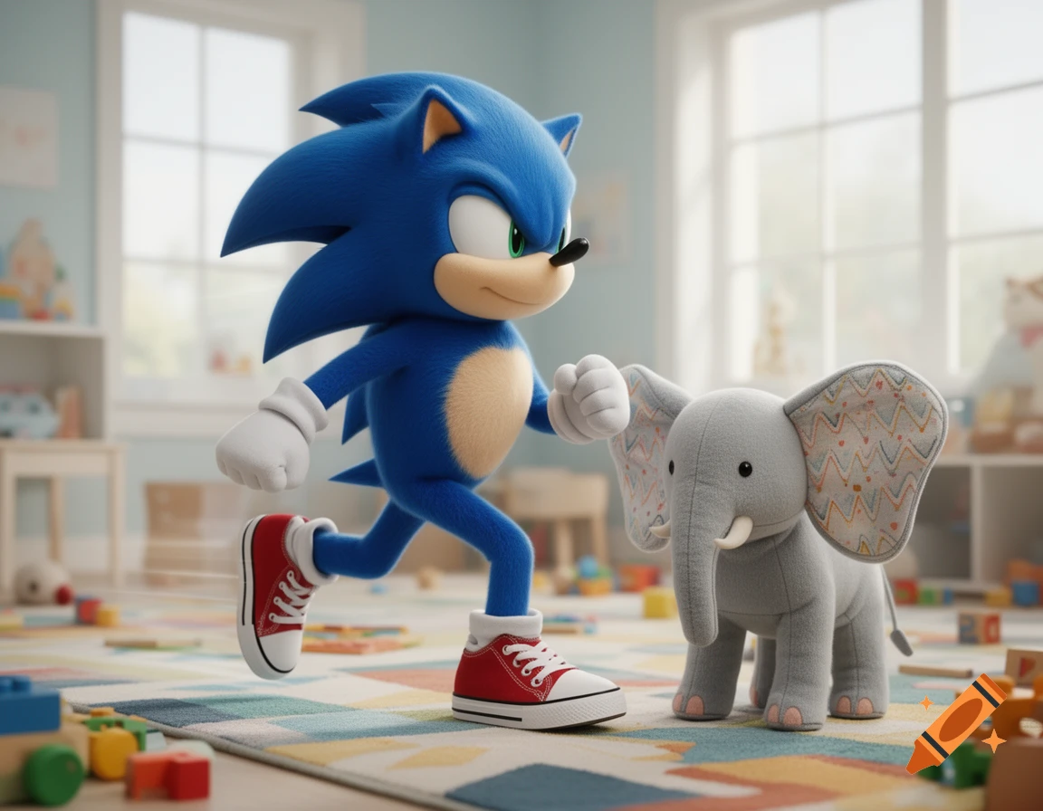 A photorealistic Sonic the Hedgehog runs next to a plush elephant in a brightly lit playroom filled with toys.