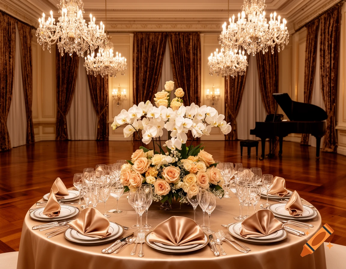 A lavish ballroom features a round table set with gold napkins and an ornate floral centerpiece, flanked by crystal chandeliers and a grand piano.