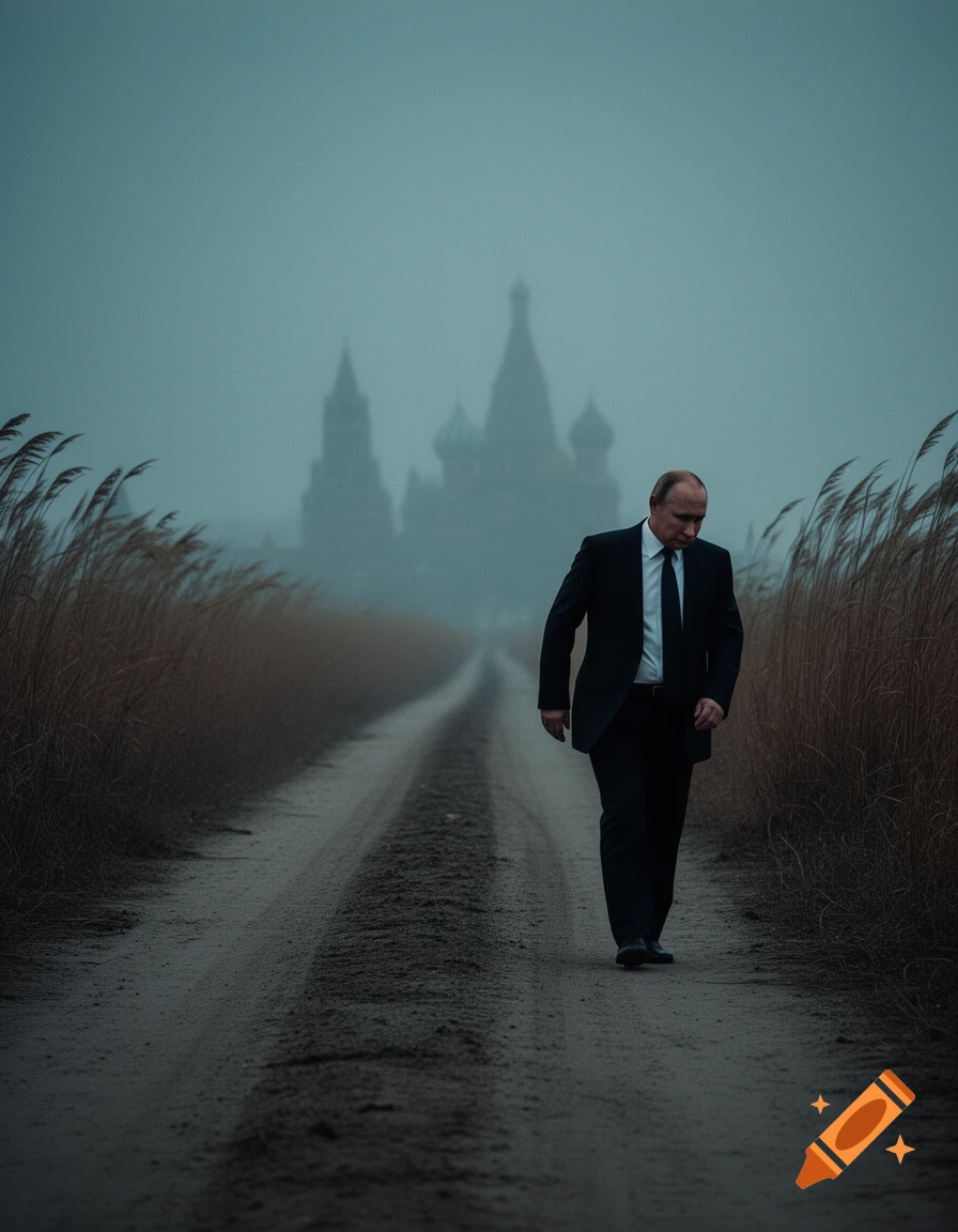 Man resembling Putin in a suit walks down a foggy dirt road with tall grass, St. Basil's Cathedral silhouetted in distance.