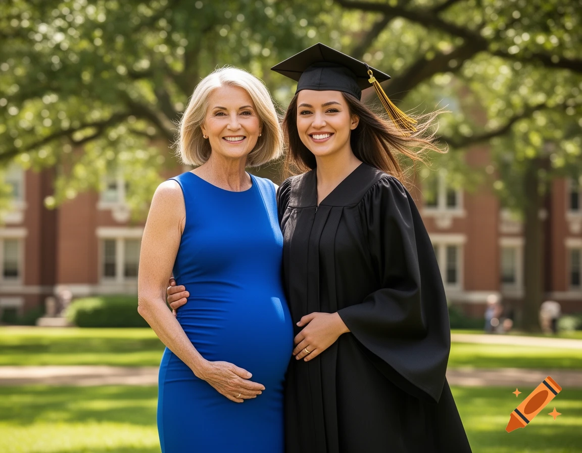 A smiling pregnant woman in a blue dress stands with her graduating daughter in a cap and gown on a college campus.