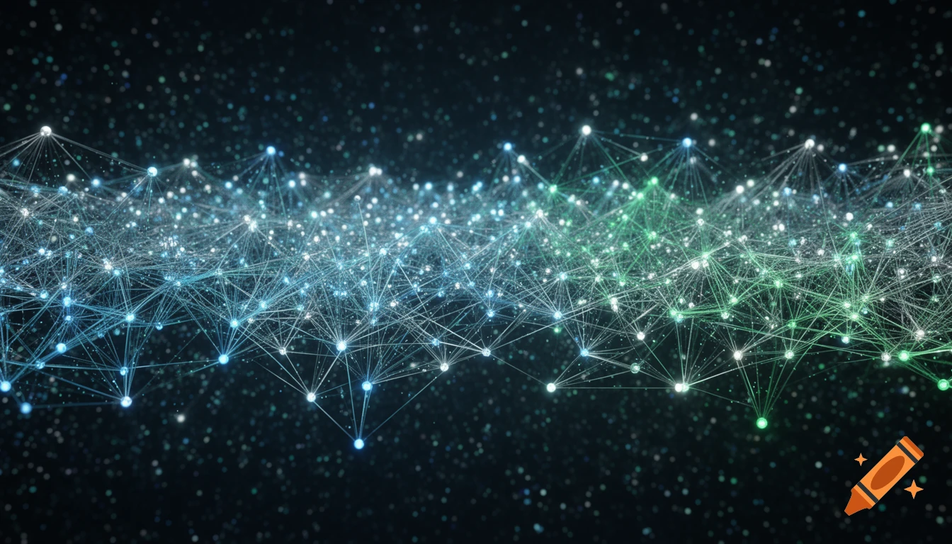 A glowing blue and green digital network of interconnected nodes against a dark, starry background, symbolizing virtual connections.