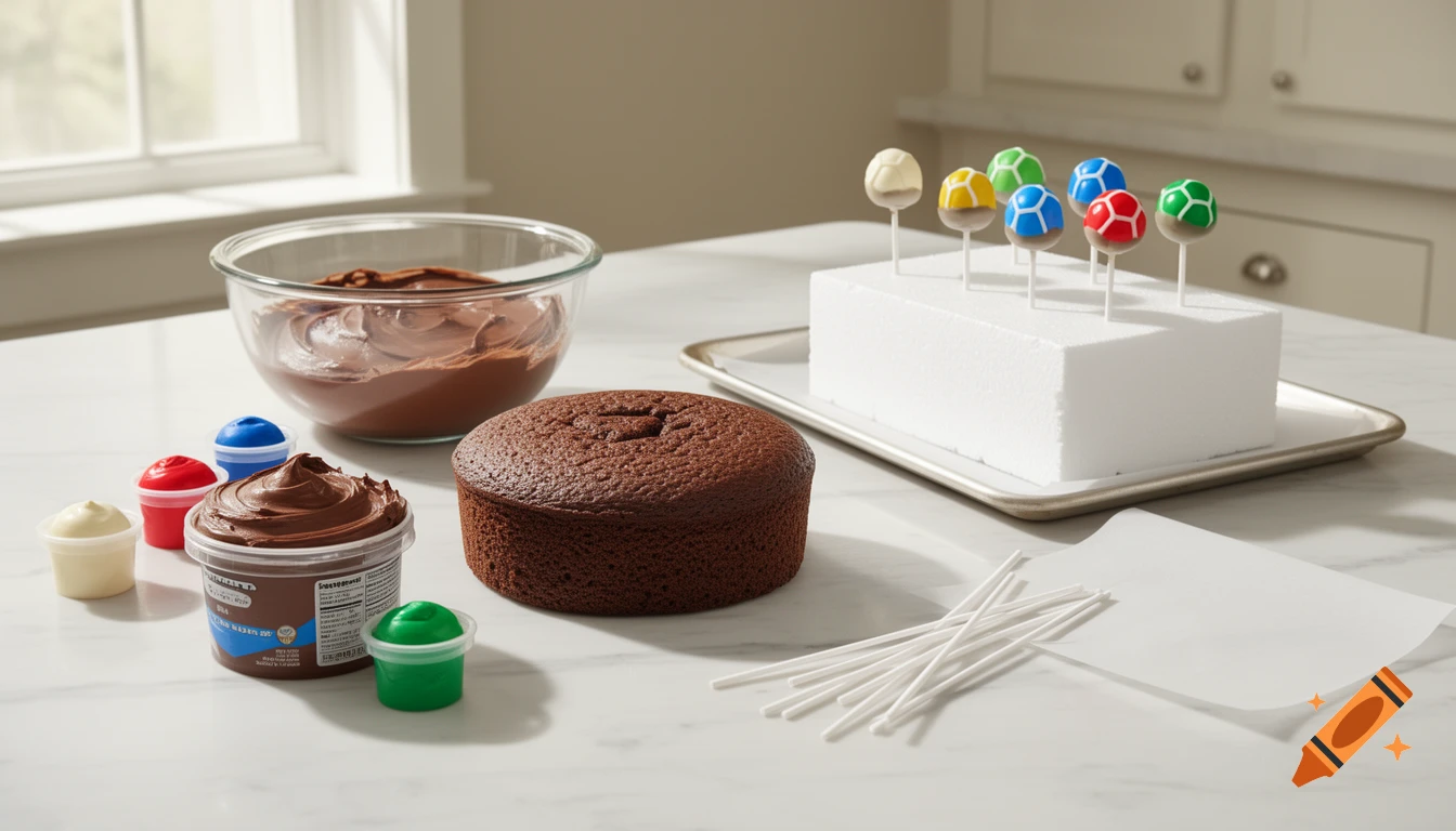 Baking ingredients and tools on a counter, including a round chocolate cake, chocolate frosting, colored icings, lollipop sticks, and finished cake pops on a styrofoam block.