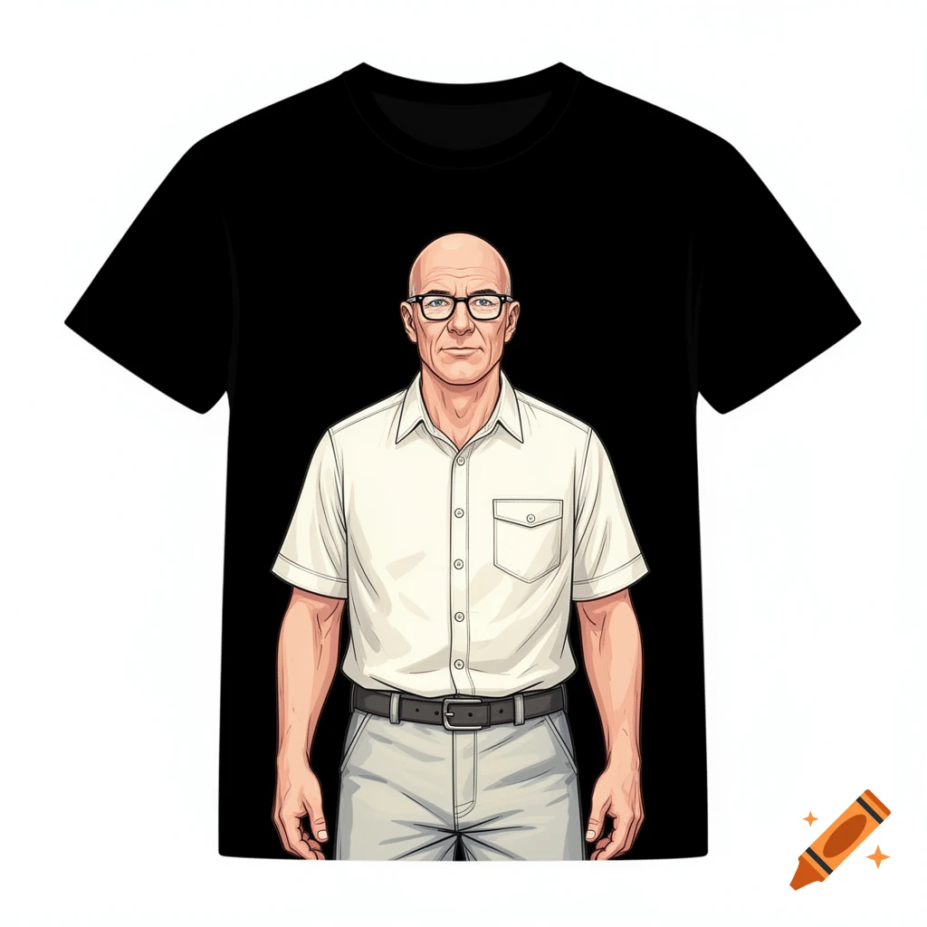 Illustration of a bald man with glasses, wearing a white short-sleeved shirt and grey work pants, printed on a black t-shirt.