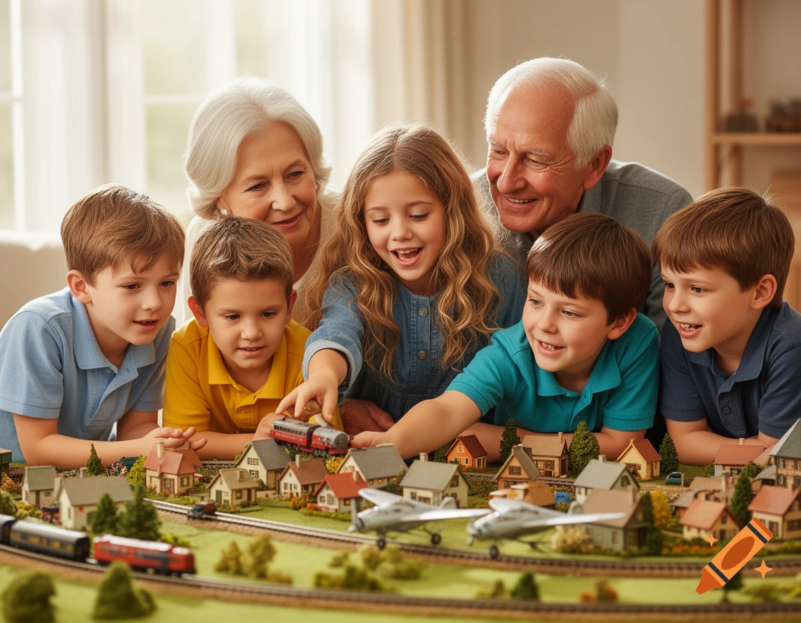 Two grandparents and five children smiling while looking at a detailed miniature train set with houses and airplanes.