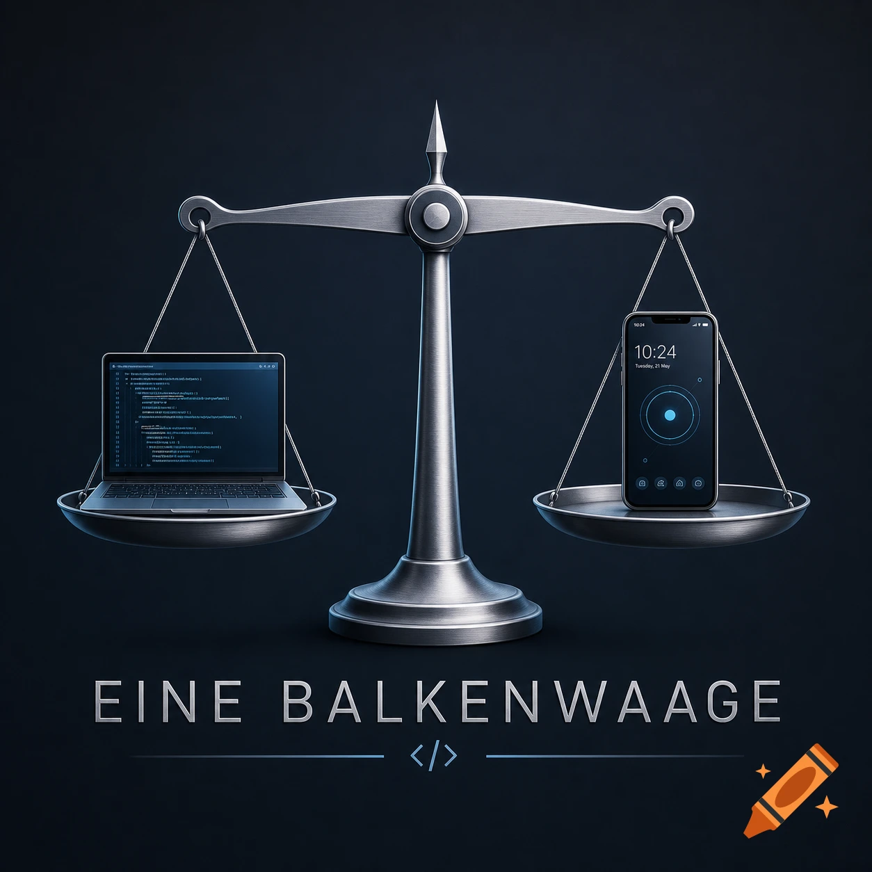 A balance scale with a laptop on one side and a smartphone on the other, symbolizing IT balance. The text 'EINE BALKENWAAGE' and '</>' are below.