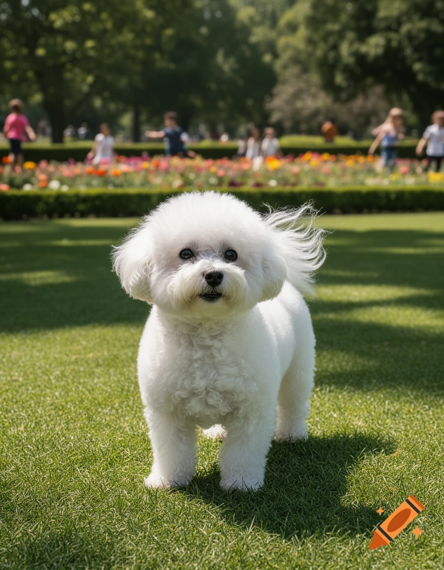 A fluffy white Bichon Frise dog stands on green grass in a sunny park with blurred people and flowers.