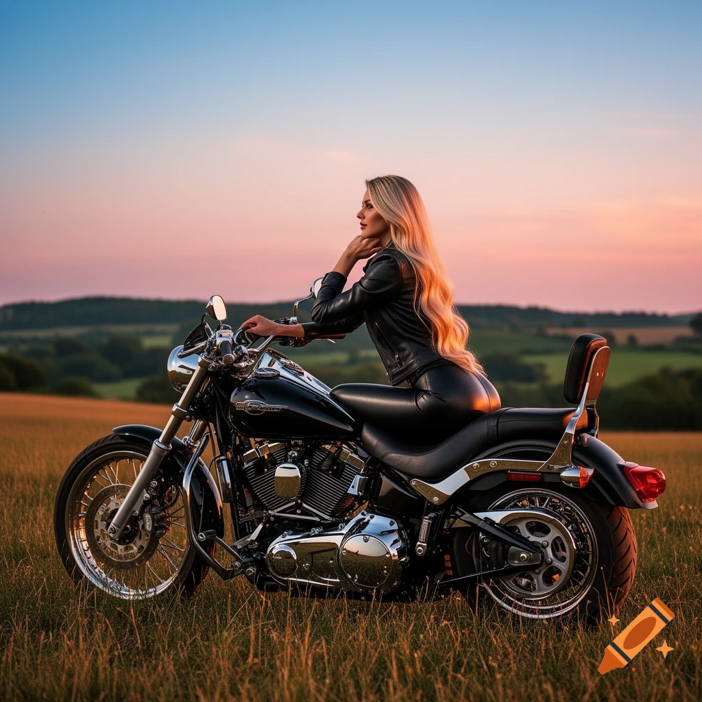 Blonde woman in black leather poses suggestively on a motorcycle in a field at sunset, with rolling hills in the background.