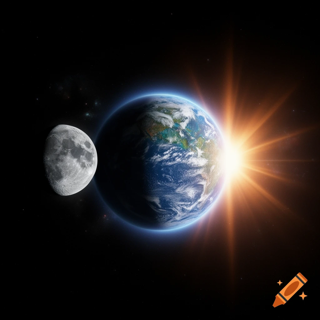 A vibrant image of the Earth illuminated by the sun, with the moon partially visible beside it in the vast darkness of space.