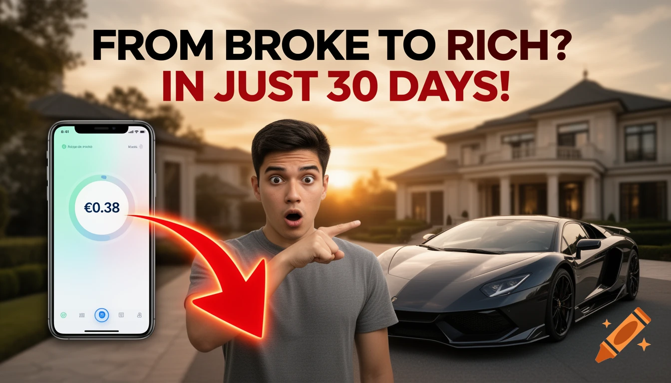 A man points at a black sports car parked in front of a mansion, a phone with a €0.38 bank balance beside him, under text 'FROM BROKE TO RICH? IN JUST 30 DAYS!'.