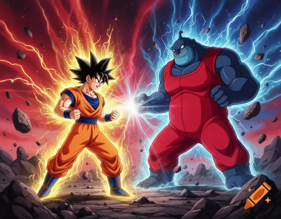 Anime-style illustration of Goku battling Captain Gantu, surrounded by glowing red and blue energy in a rocky landscape.