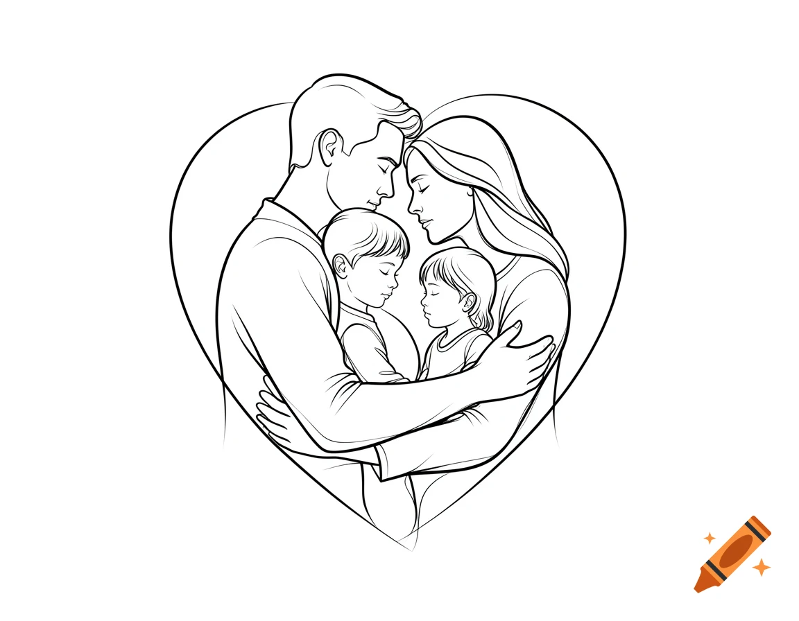 Minimalist black and white line art of a family, father, mother, and two children, embracing within a heart shape.