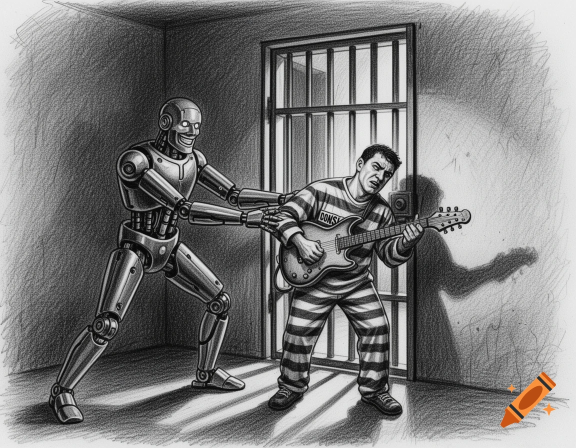 Pencil sketch of a smiling robot pulling a man in a striped prison uniform playing a guitar into a cell.
