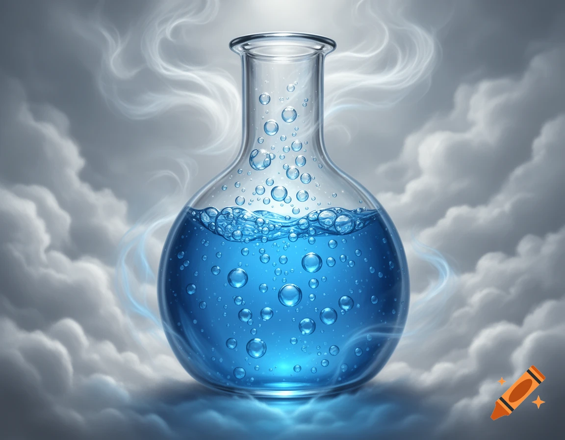 A glass flask filled with bubbling blue liquid, surrounded by swirling white clouds.