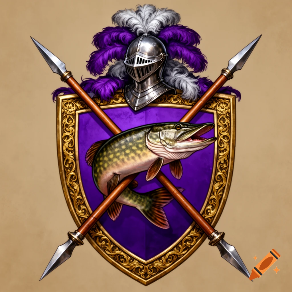 A medieval style coat of arms featuring a knight's helmet with purple feathers above a purple shield with a muskie fish and crossed spears.