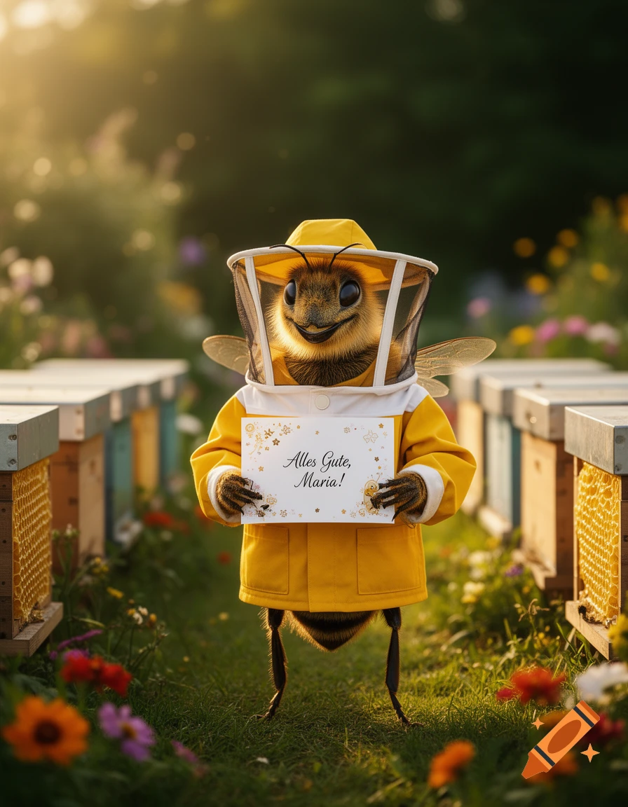 A photorealistic, smiling anthropomorphic bee in a beekeeper suit holds a card saying 'Alles Gute, Maria!' in a sunny garden with beehives.