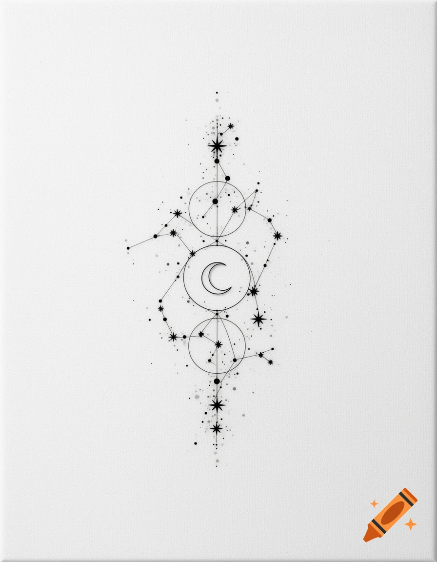 Minimalist fine line tattoo design with constellations, geometric circles, dotwork stars, and a crescent moon in black and grey on white.