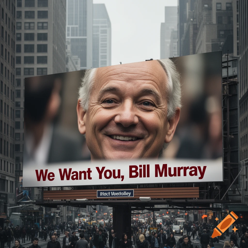 A photorealistic image of a large billboard featuring a smiling Bill Murray, standing above a busy city street with pedestrians and cars.