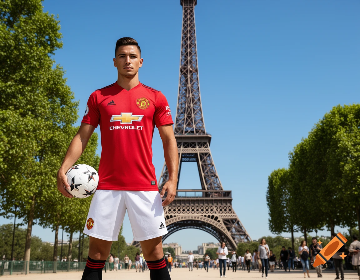 A male football player in a red Manchester United jersey and white shorts holds a soccer ball in front of the Eiffel Tower.