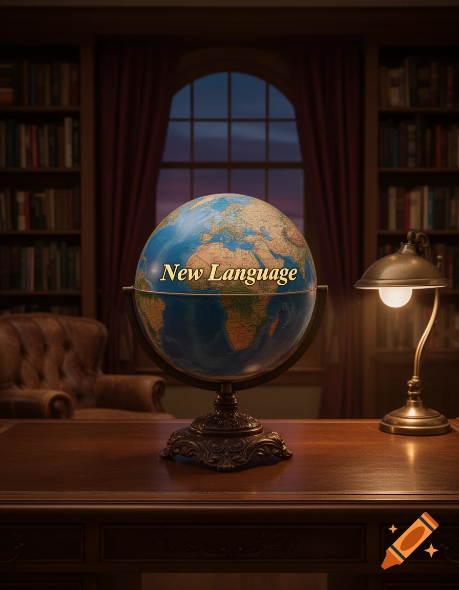 A photorealistic image of a globe with "New Language" on it, sitting on a wooden desk in a dimly lit study with bookshelves and a window.