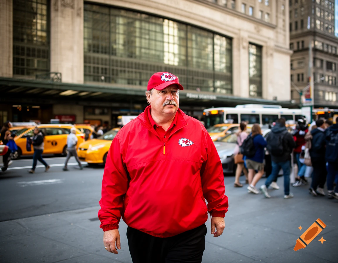 A man with a mustache in a red jacket and cap featuring the Kansas City Chiefs logo stands on a bustling city street.