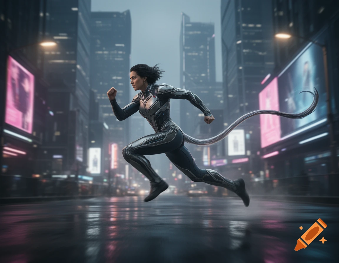 A woman in a futuristic grey and black suit with a long tail runs through a rain-slicked cyberpunk city at night.