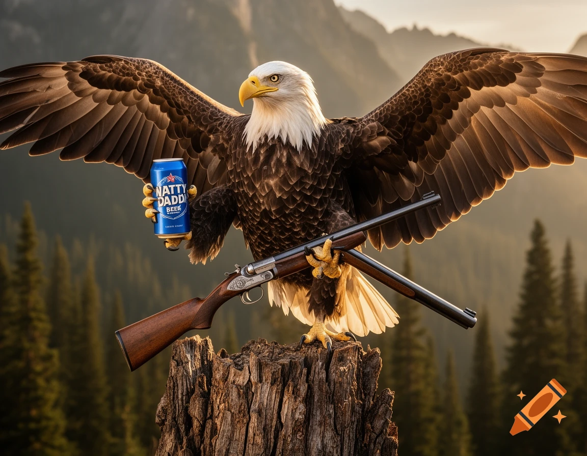 Photorealistic bald eagle with outstretched wings holding a 'Natty Daddy' beer can and a shotgun, perched on a tree stump in a mountain forest.