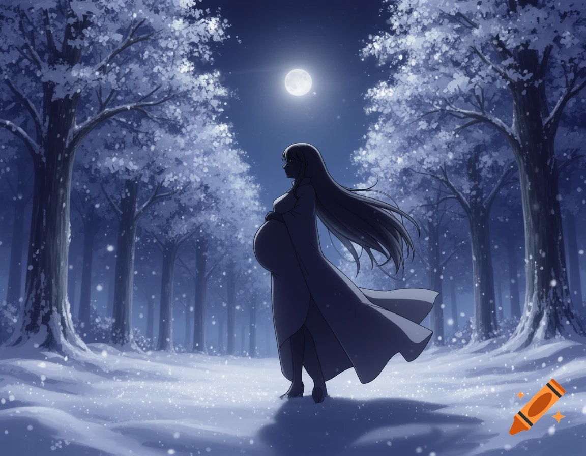 Anime illustration of a pregnant woman's silhouette standing in a snowy forest at night under a full moon.