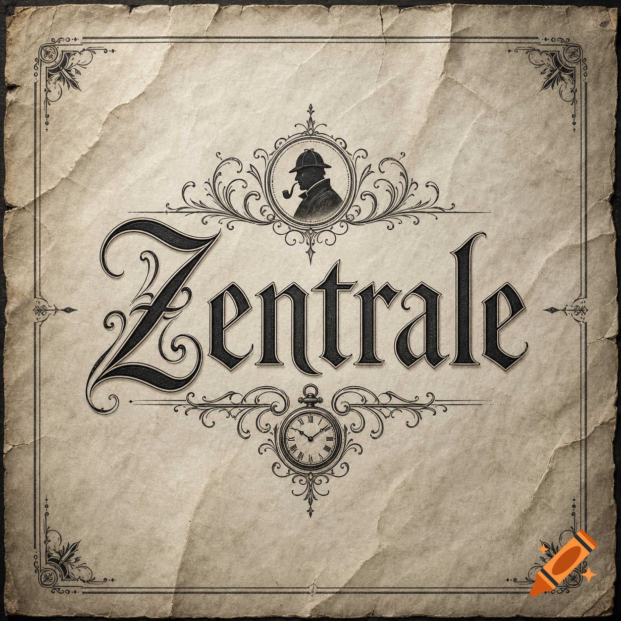A vintage graphic design with the word 'Zentrale' in ornate script on crumpled paper, featuring a detective silhouette and a pocket watch.