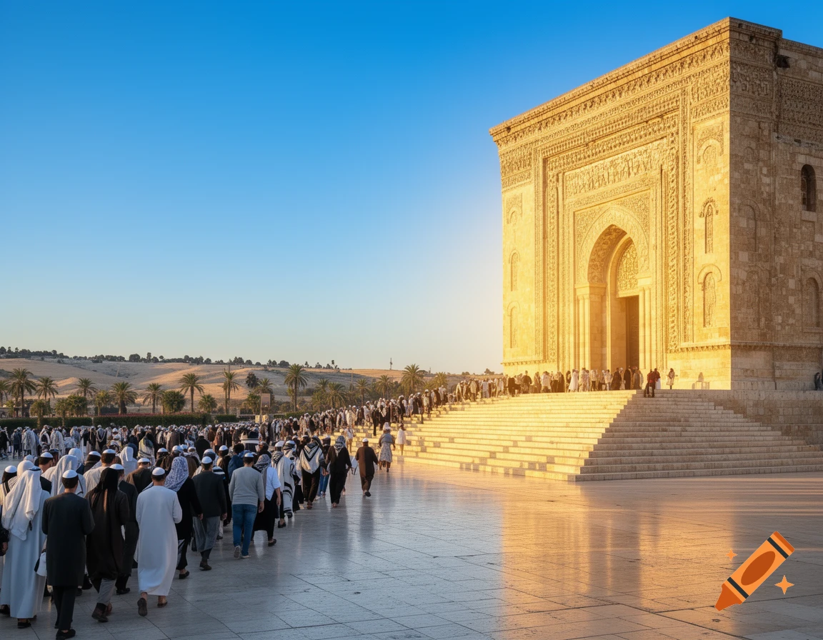 A large crowd of people ascends steps towards a grand, golden-lit temple-like building under a clear blue sky, with palm trees and hills in the background.