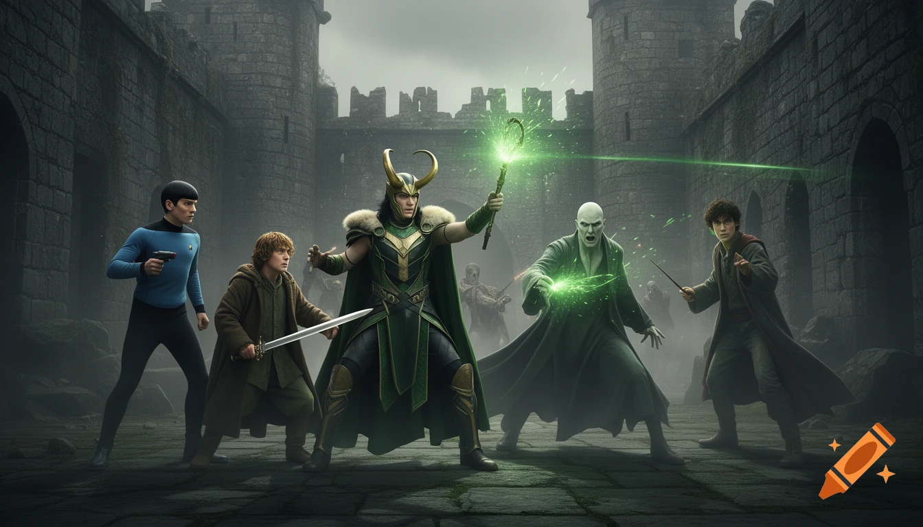 Loki, Frodo, Spock, Voldemort, and Harry Potter fight in a dark, ancient stone castle courtyard with green magical energy.