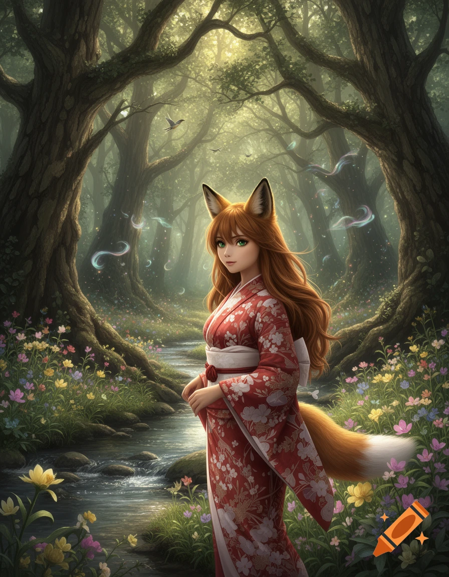 A red-haired foxgirl with green eyes, wearing a floral red kimono, stands by a stream in a vibrant, sunlit fantasy forest.