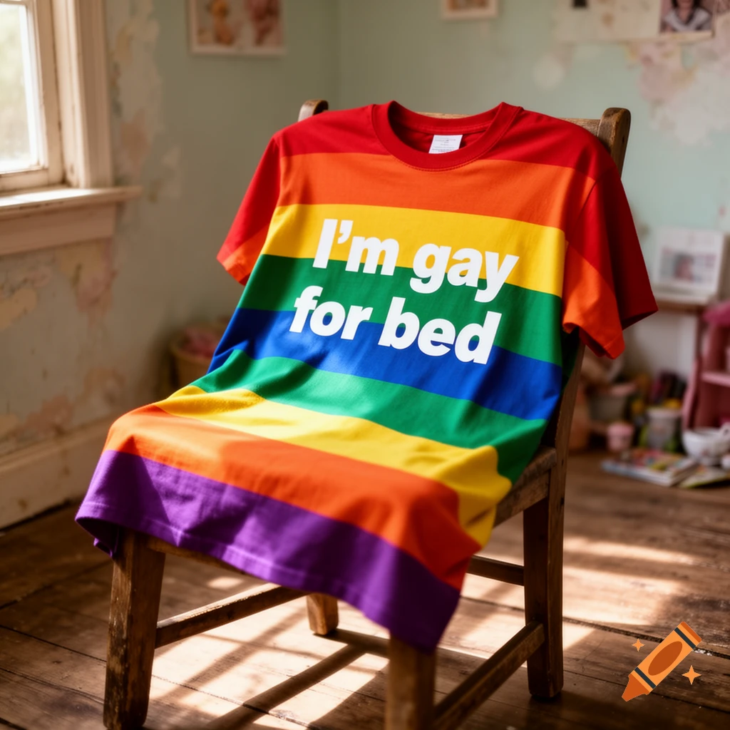 Photorealistic image of a rainbow t-shirt with 'I'm gay for bed' text, draped on a wooden chair by a window.
