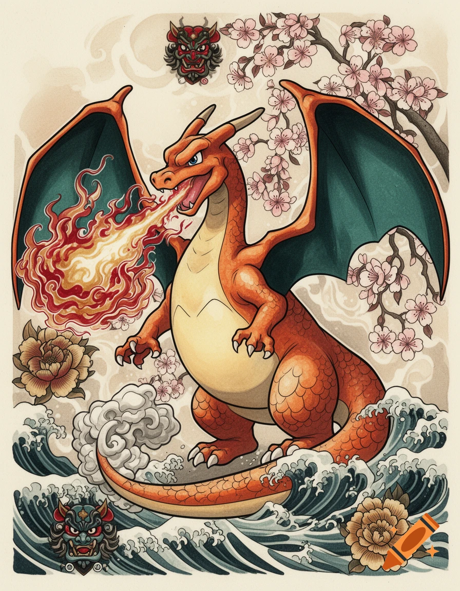 Charizard breathing fire, depicted in traditional Japanese tattoo style with cherry blossoms, waves, and oni masks.