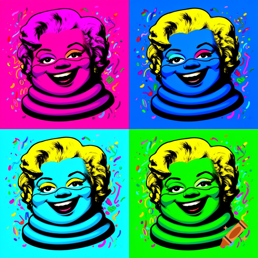 Four pop art panels of Grimace's head, each with a different vibrant color scheme and confetti.