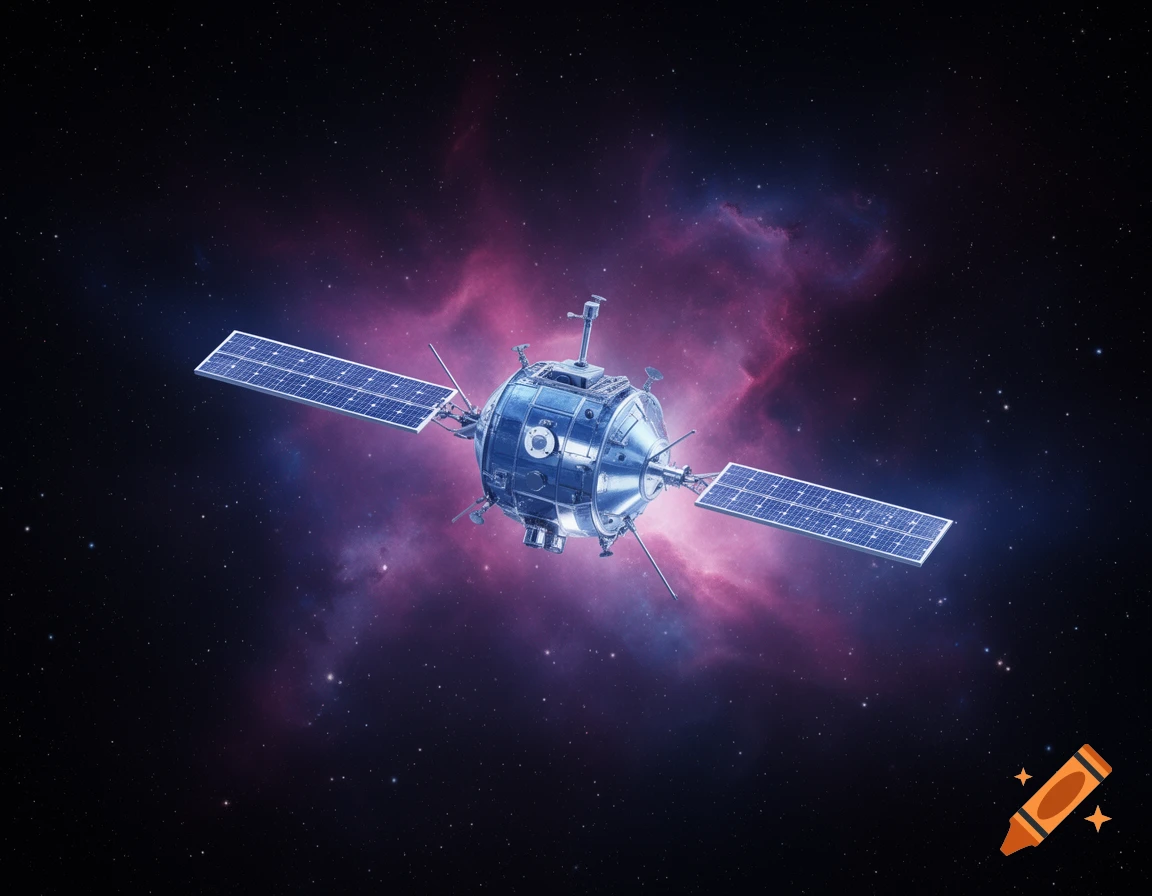 A detailed silver space probe with blue solar panels against a starry background with a vibrant purple nebula.