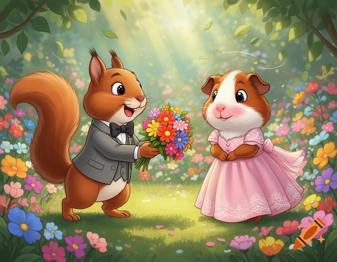 A cartoon squirrel in a suit offers a bouquet of colorful flowers to a guinea pig in a pink dress, surrounded by wildflowers in a sunny forest.